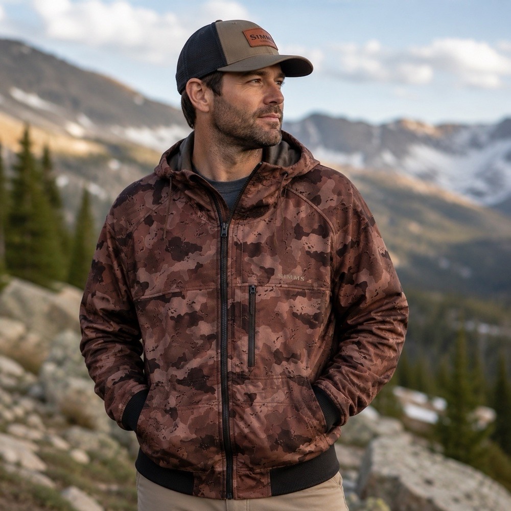 Simms Brown Ombre Camouflage Full Zip Fleece Hooded Fishing Outdoors Jacket M‎